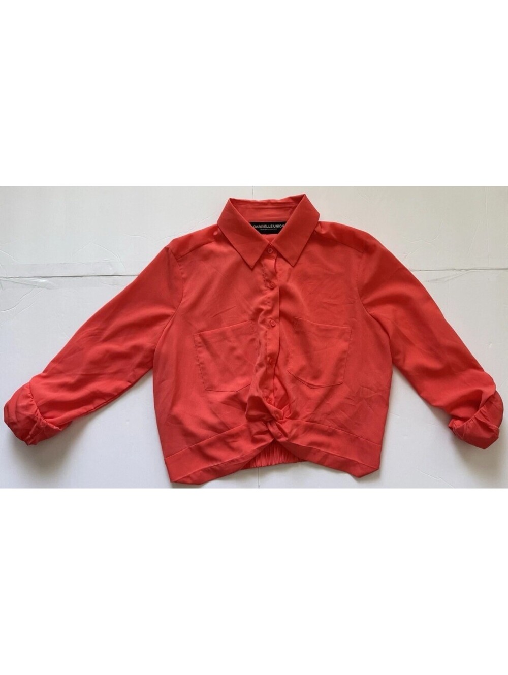 Gabrielle Union Top S Coral Tie Front Button Cropped Roll Tab Blouse